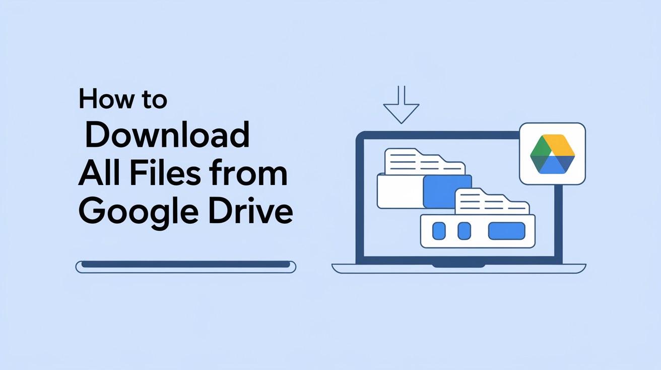 Banner for blog post: How to Download All Files From Google Drive, featuring a laptop, download icon, and Google Drive interface.