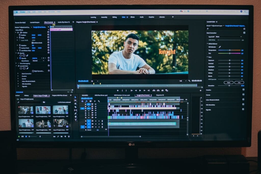 How to Share Videos on Google Drive (Full Guide) Large monitor displaying a high-resolution video editing timeline with color-graded footage, illustrating the importance of preserving original video quality.